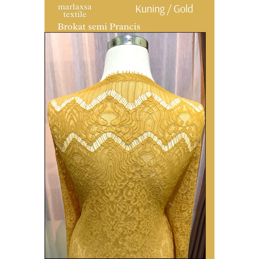 KAIN BROKAT PREMIUM /CORD LACE PANEL SEMI PRANCIS WARNA KUNING | KAIN KEBAYA PREMIUM | KAIN KEBAYA P