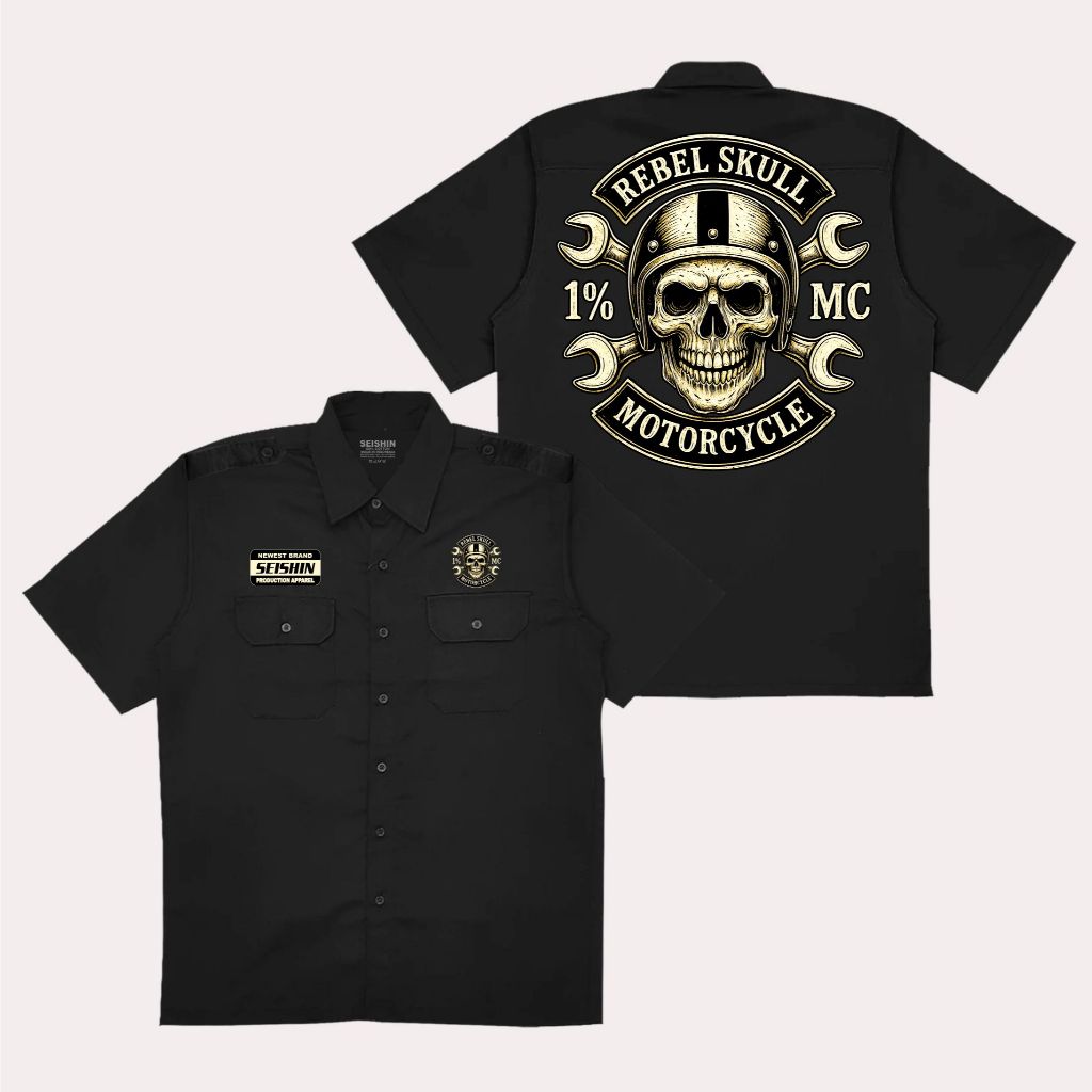 Seishin Kemeja Workshirt Motorcycle Rebell skull Pdh motor unisex warna hitam kualitas distro