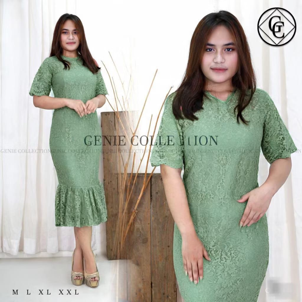 Midi Dress Hervi Brukat Model Duyung/Dress Pesta/Dress Kondangan/Dress Natal