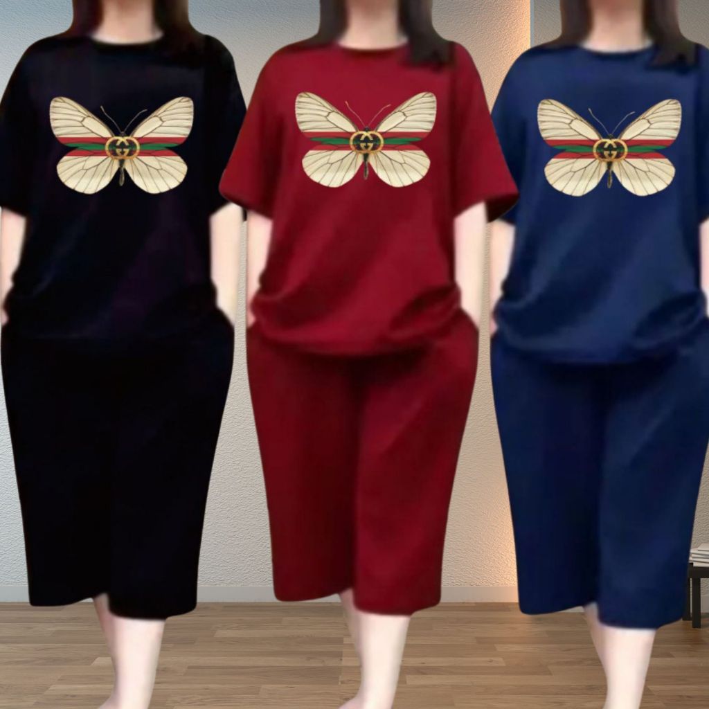 Setelan Jumbo Wanita Celana Kulot Atasan Wanita One Set Baju Kaos Dewasa Nyaman Adem Kupu Kupu