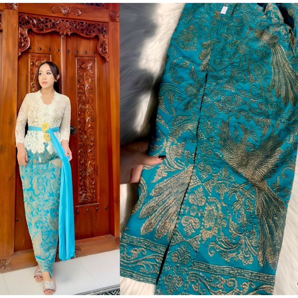 Kamen Jadi Bordir Motif Merak Benang Gold katun strait bawahan Tradisional rok Bali setelan kebaya