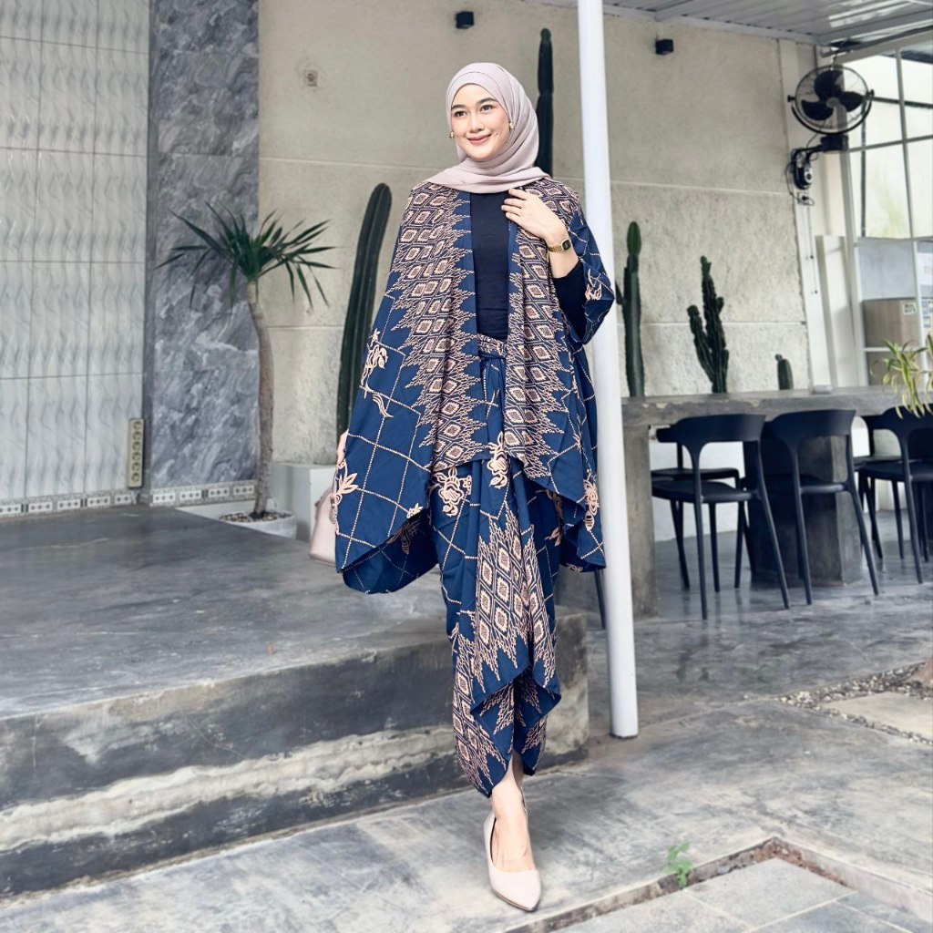 Set Baju Kondangan Simpel One Set Batik Outer Rok Lilit Kimono Wanita Rayon Oversize Baju Lebaran