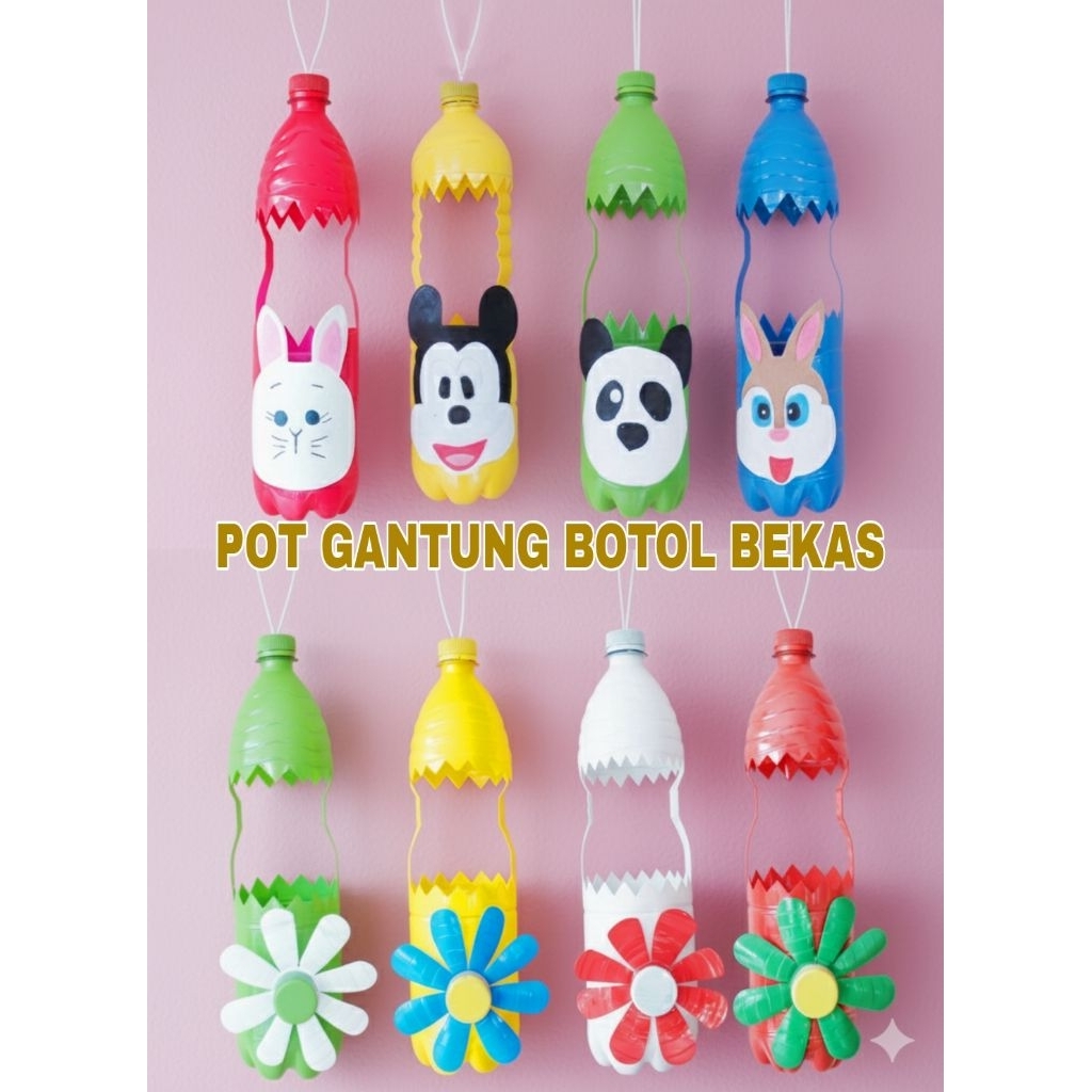 Prakarya Pot Bunga Gantung dari Daur Ulang Botol Plastik Bekas 1,5 Liter dan Flanel Berbagai Karakte