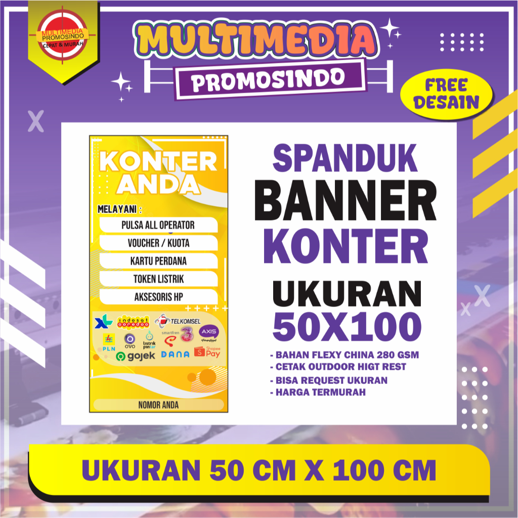 BANNER KONTER1 100X50CM FREE EDIT NAMA KONTER/SPANDUK KONTER/FREE DESAIN/MMT KONTER