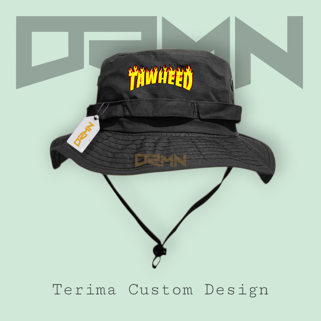 DRMN.ID Topi bucket / rimba logo " TAWHEAD ISLAMI " gunung hiking unisex custom Design sablon dtf