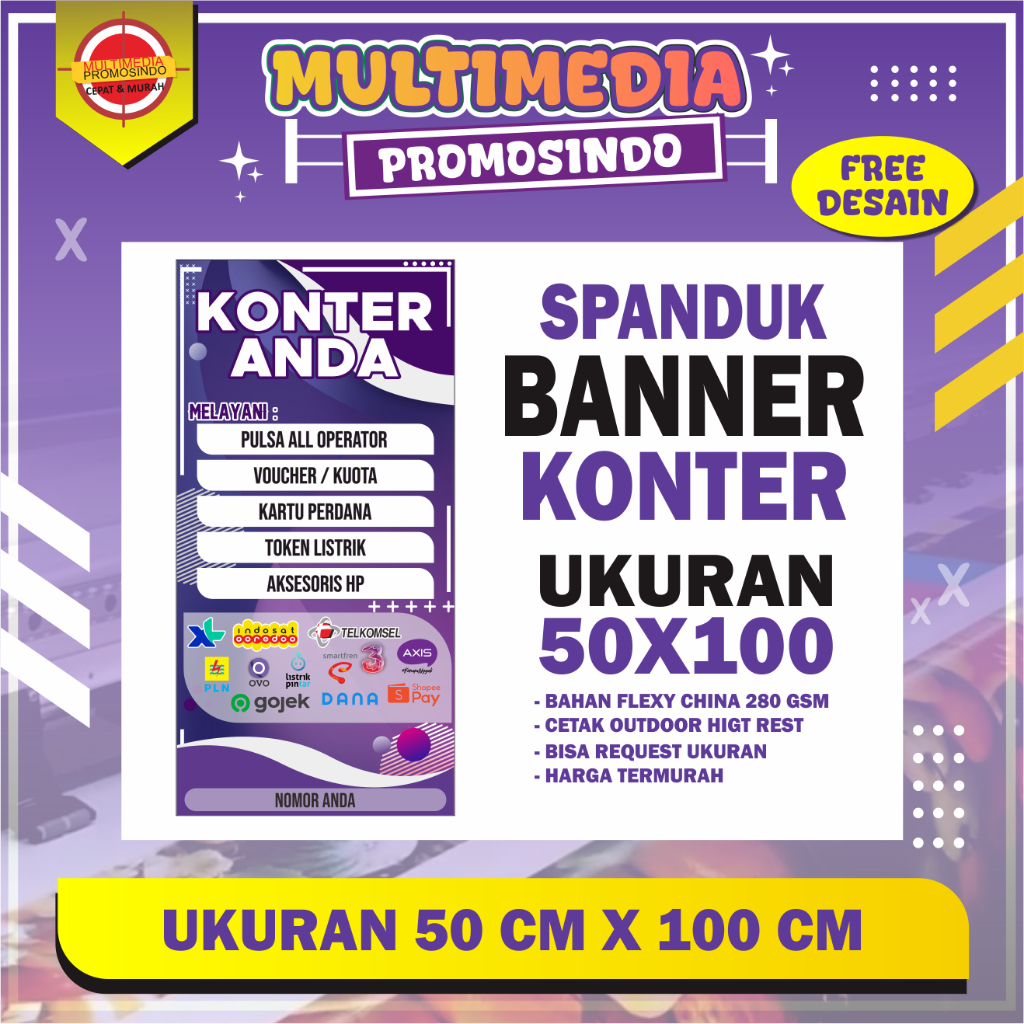 BANNER KONTER1 100X50CM FREE EDIT NAMA KONTER/SPANDUK KONTER/FREE DESAIN/MMT KONTER