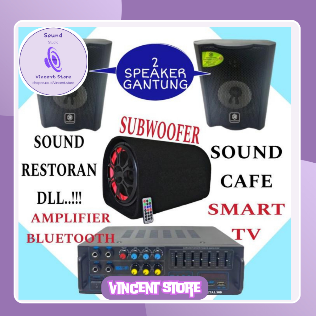 Paket Sound Mini 2 Speaker Gantung 1 Subwoofer, Amplifier DUSENBERG Bluetooth - 2-4 SPEAKER