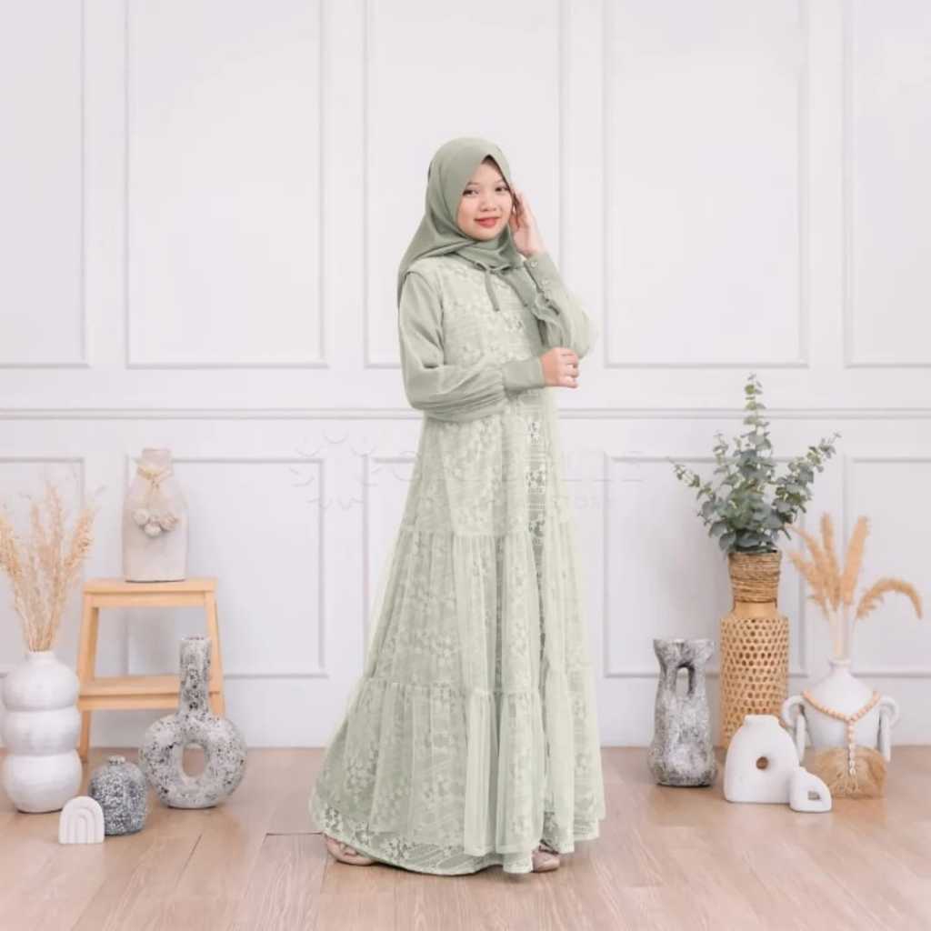 Gamis Syar'i Anak Perempuan Umur 10-12 Tahun Binar Syar'i Kids Brukat Tiledot Fashion Muslim viral