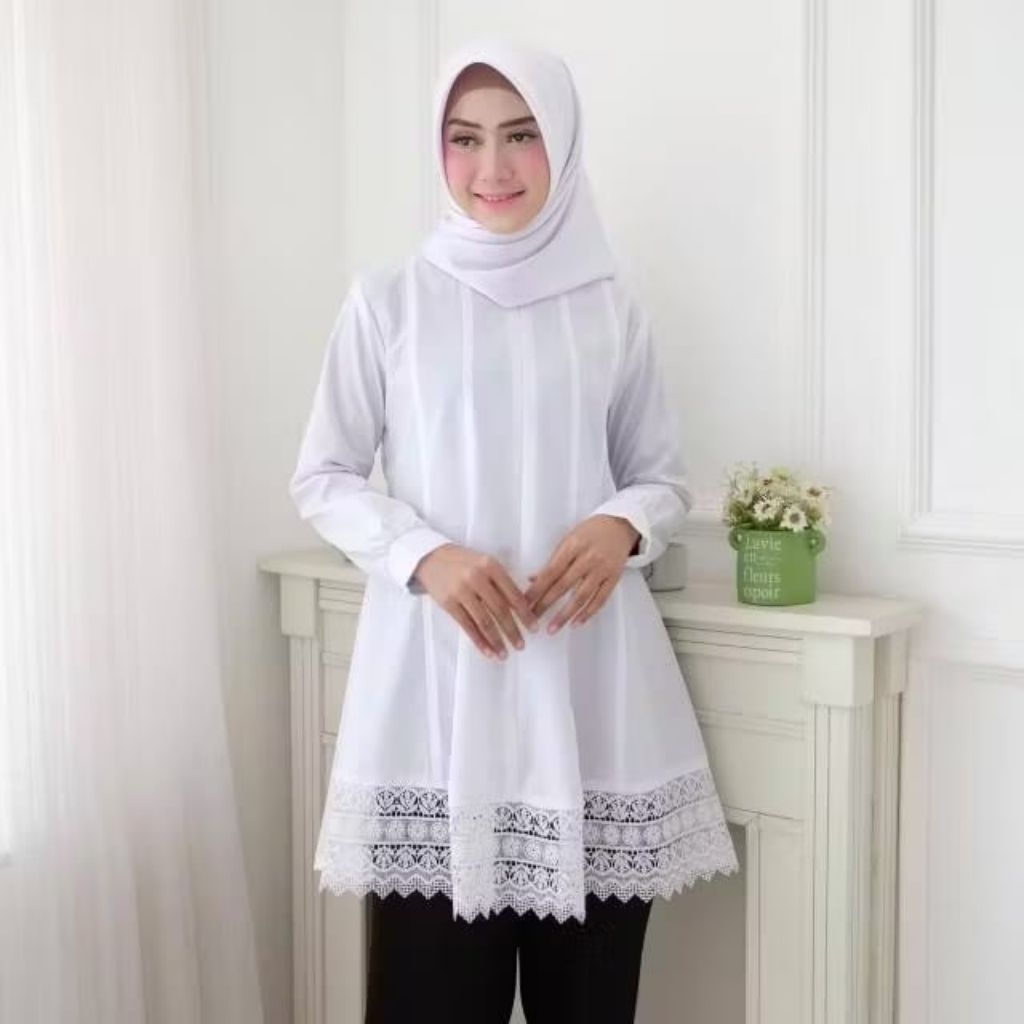Baju Tunik Putih Wanita Atasan Polos Renda