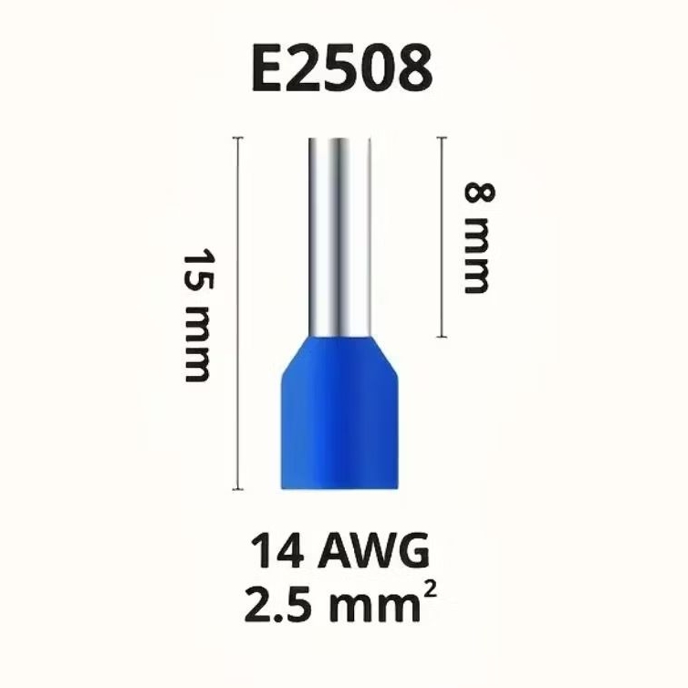 20 PCS SKUN KABEL FERRULE BERISULASI E2508 AWG 14 DENGAN UKURAN CABEL 2.5MM²