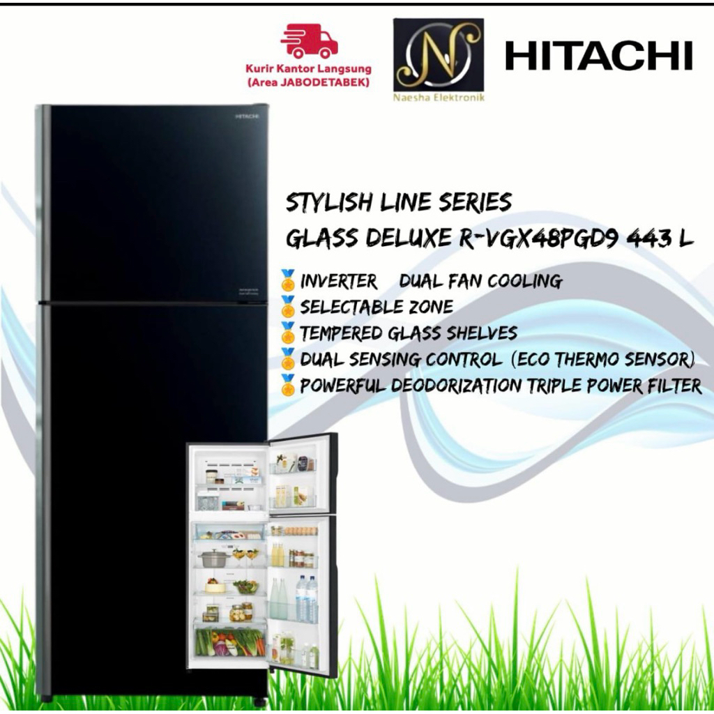 Kulkas HITACHI 2 pintu INVERTER R-VGX48PGD9 glass door 407l black