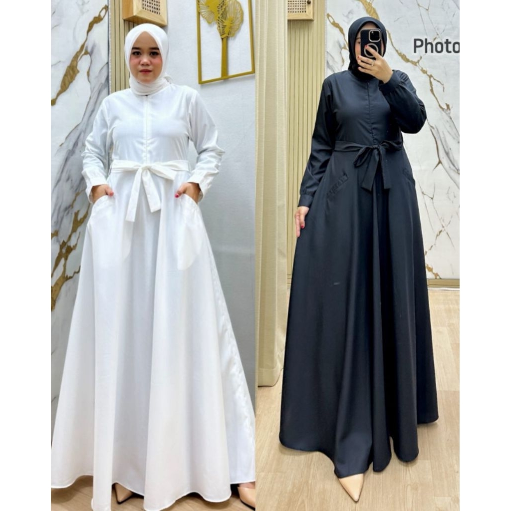Gamis khusus hitam & putih Busui friendly Bahan : Toyobo Ada tali pinggang bisa di lepas Ld : 102Pb 