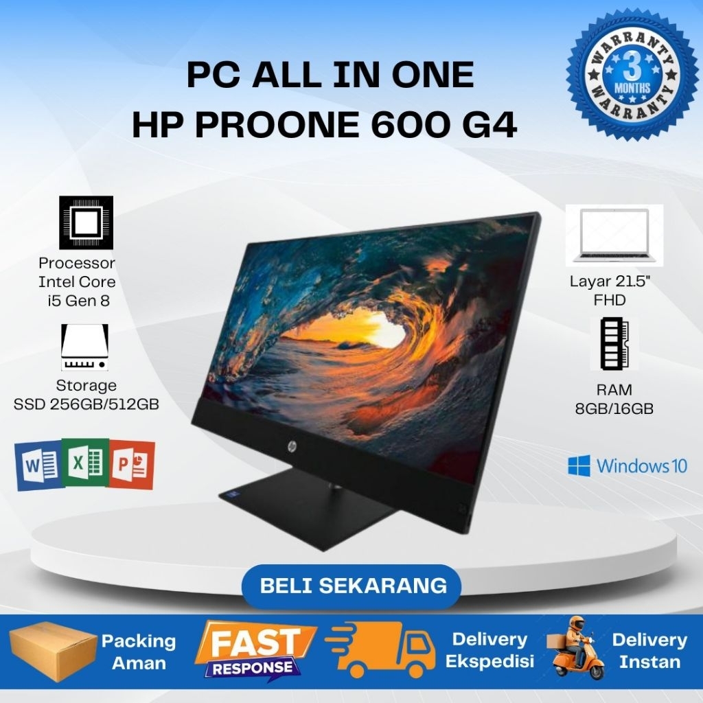 PC AIO All in One HP ProOne 600 G4-i5 Gen 8 RAM DDR 8GB SSD 256 21in FHD