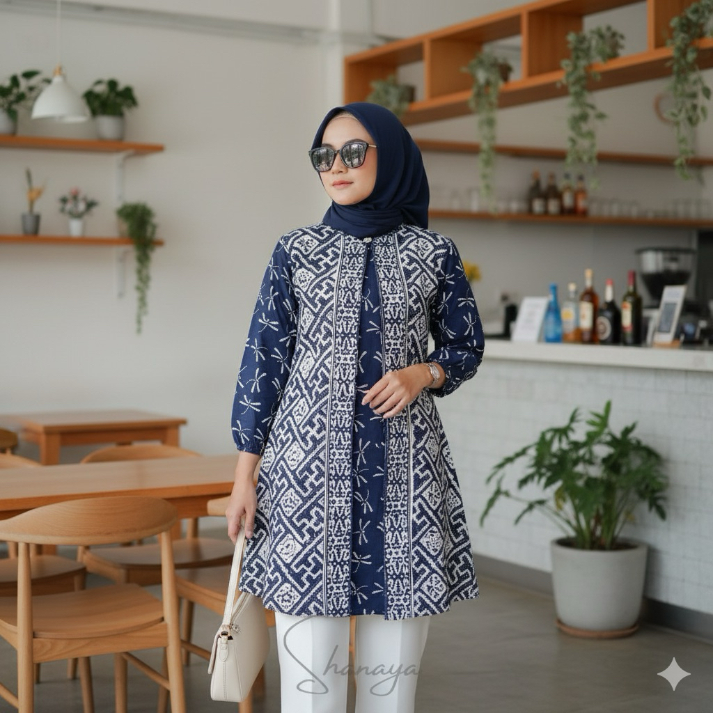 Shanaya Batik Tunik Capung Navy Batik Cap Garutan Seragam Kerja