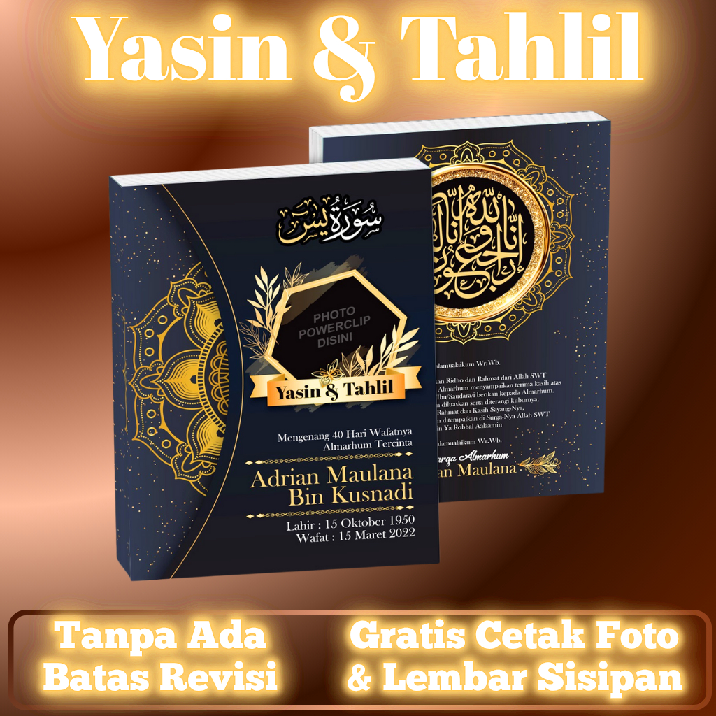 Buku Yasin dan Tahlil Custom Mewah Lengkap Gratis Cetak Foto Almarhum Souvenir 40 Hari