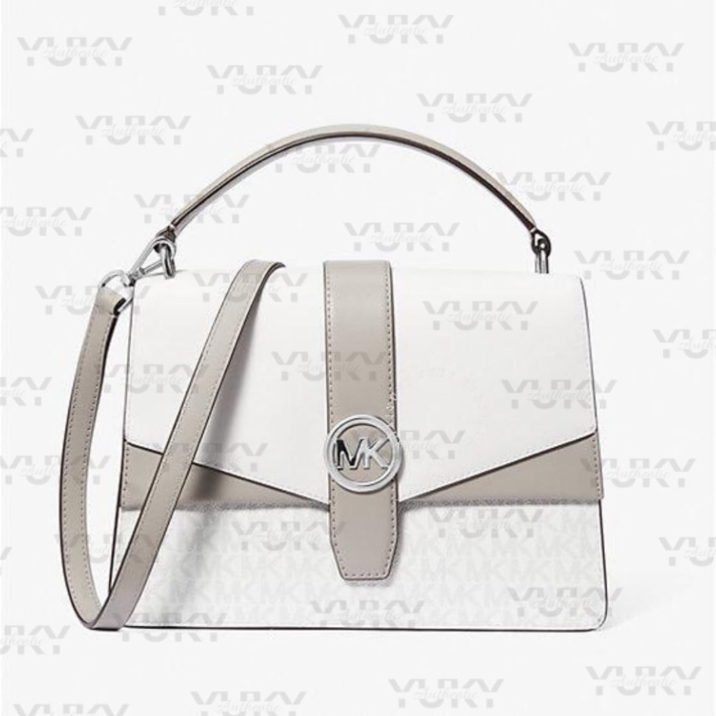 Tas Wanita Branded MICH*EL KO*S MK Greenwich Small Color Block Sign White Grey 100% Original