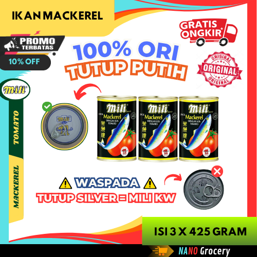 Kimios - 3 Kaleng Sarden Mili Mackerel Original 425 Gram Ikan Sarden Kaleng "Tutup Putih"