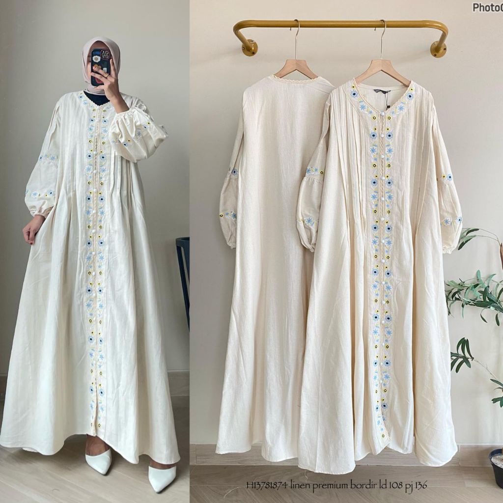 Real pic ORIGINAL dan TERMURAH Gamis Linen PREMIUM Butik / MIDI Dress cotton linen PREMIUM / Gamis J