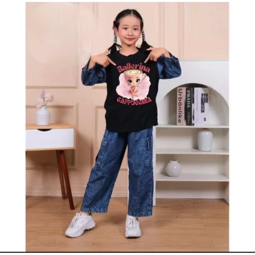Setelan Baju Anak Perempuan gambar Ballerina cappucinna levis cargo Anak 3 tahun sampai 14 tahun