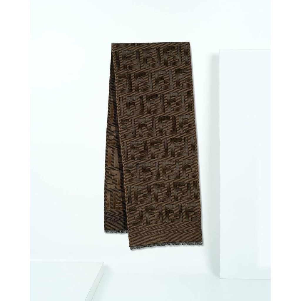Fendi FF Monogram - Pattern Frayed Scarf in Coffe Brown