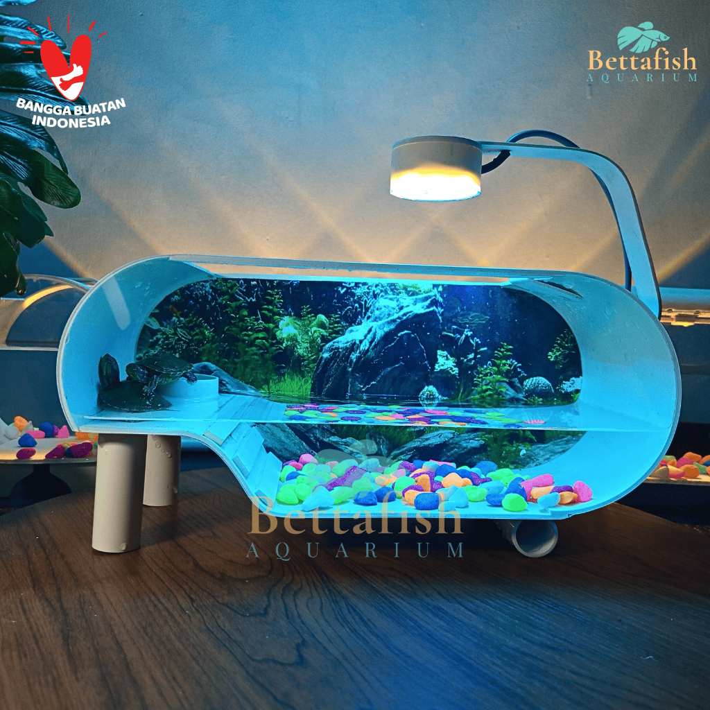 COD 1 Set Aquarium Kura - Kura PVC Lengkap Hiasan Dan Lampu LED 3 Watt BETTAFISH AQUARIUM