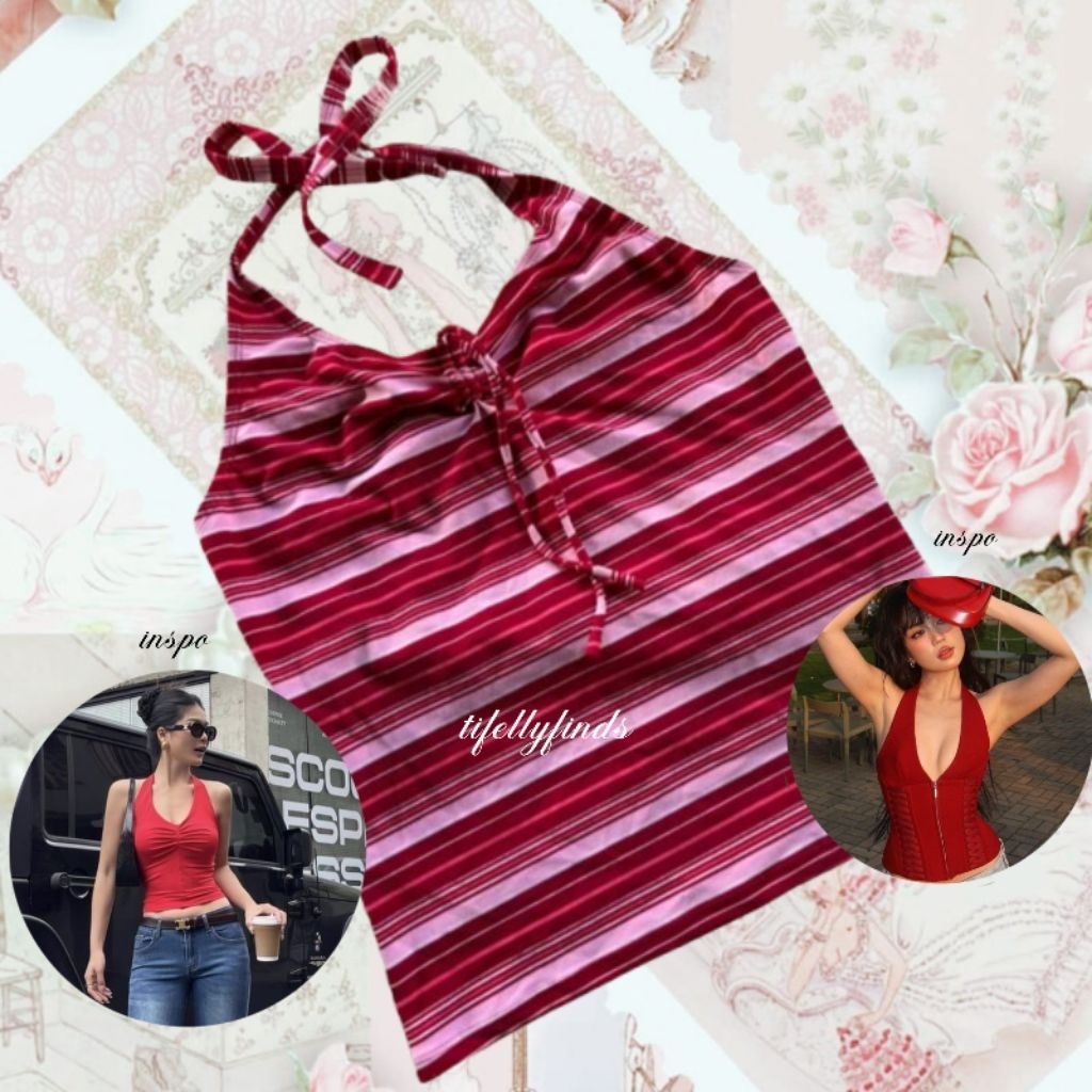halter neck top red stripe fitbody ribbon bow milkmaid cottagecore coquette fairycore shabby acubi m