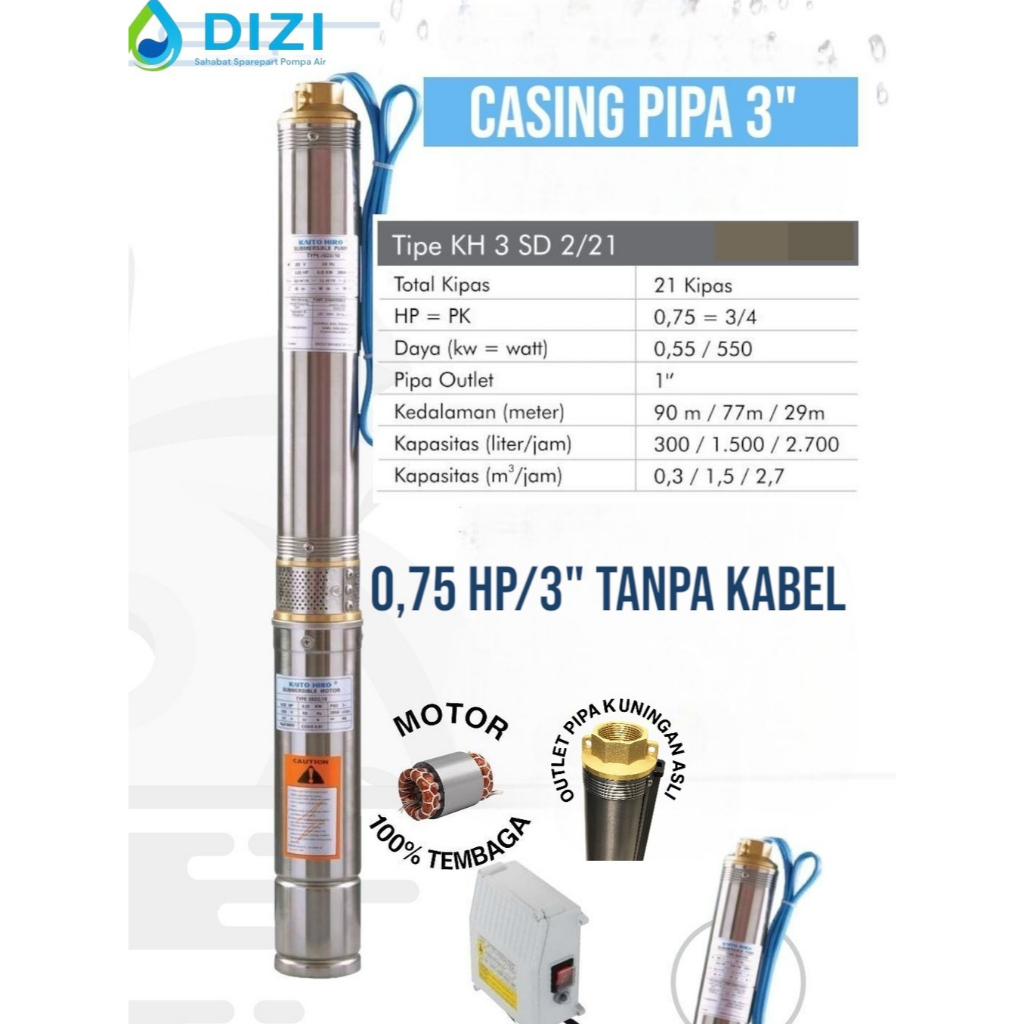 Kaito Hiro 3" 0,75 hp + Tanpa kabel Pompa Satelit Submersible