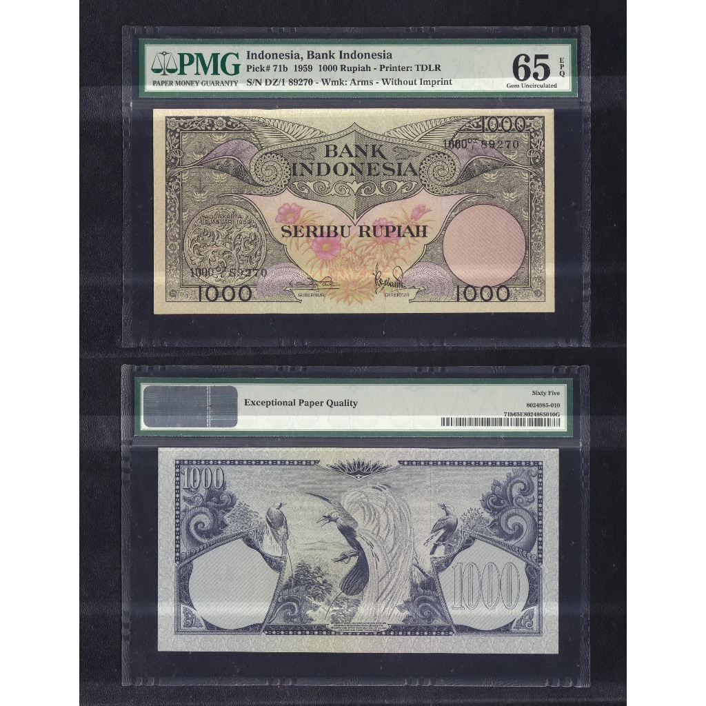 Uang kuno PMG 65 EPQ - 1000 rupiah tahun 1959 "seri Bunga dan Burung  S/N DZ/1 89270