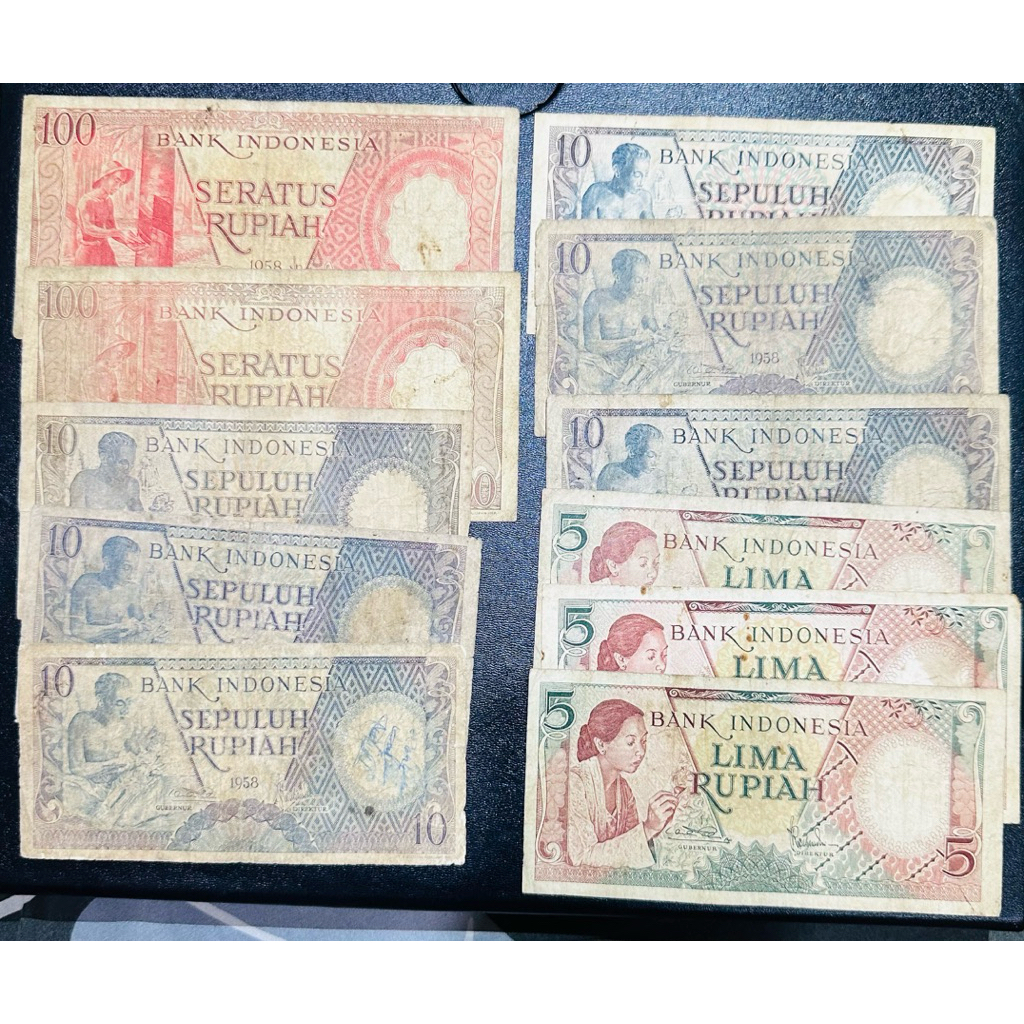 Uang Kuno Seri pekerja 5,10&100 Rupiah Tahun 1958 Kondisi Bekas Total semua 11 Lembar