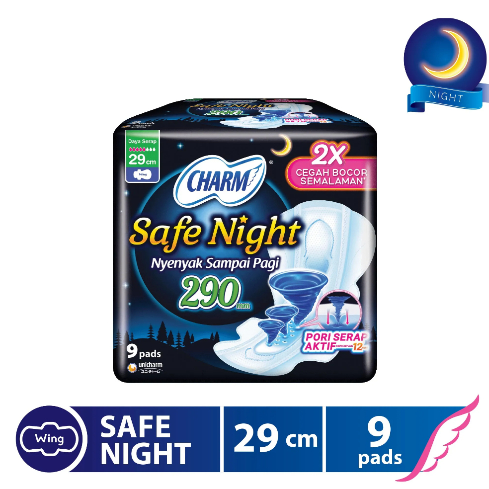 Charm Safe Night Malam 290 mm 9 Pads - Pembalut Softex