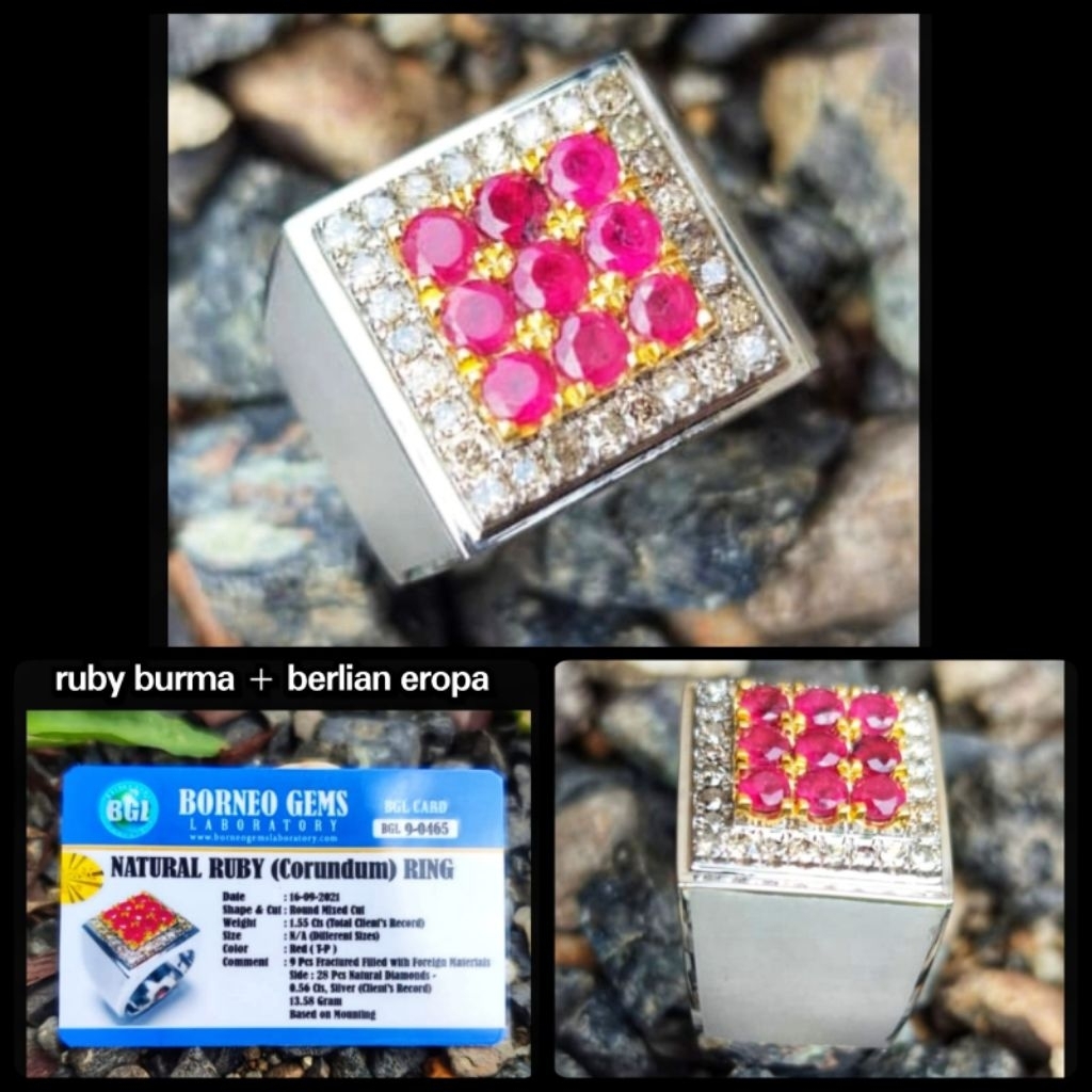 natural.berlian putih banjar ( plus ruby burma ) + ring perak asli