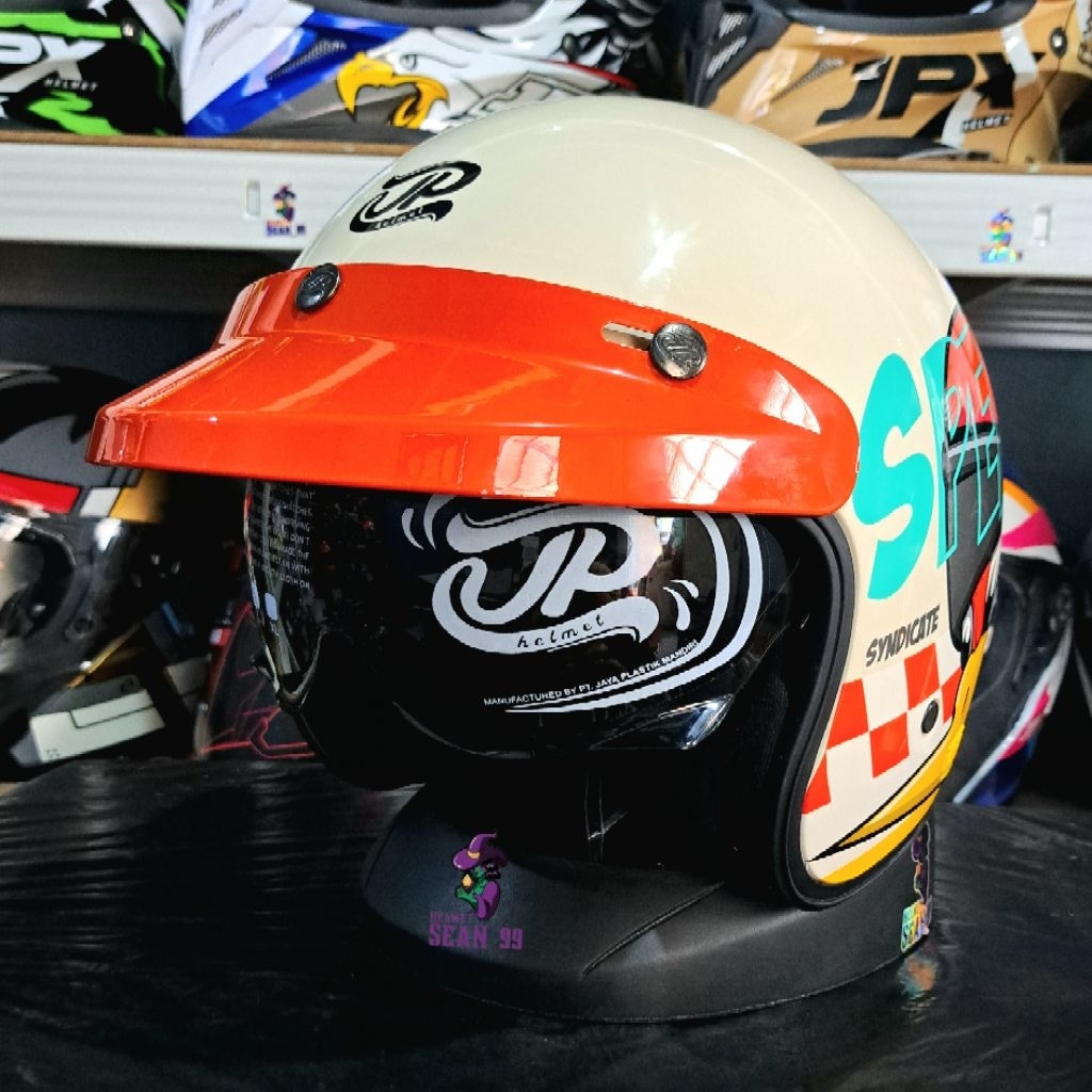 HELM JPX RETRO JP SIGNATURE OPEN FACE SO MOTIF 06 WHITE CREAM HALF FACE ORIGINAL SNI DOT | HELM RETR