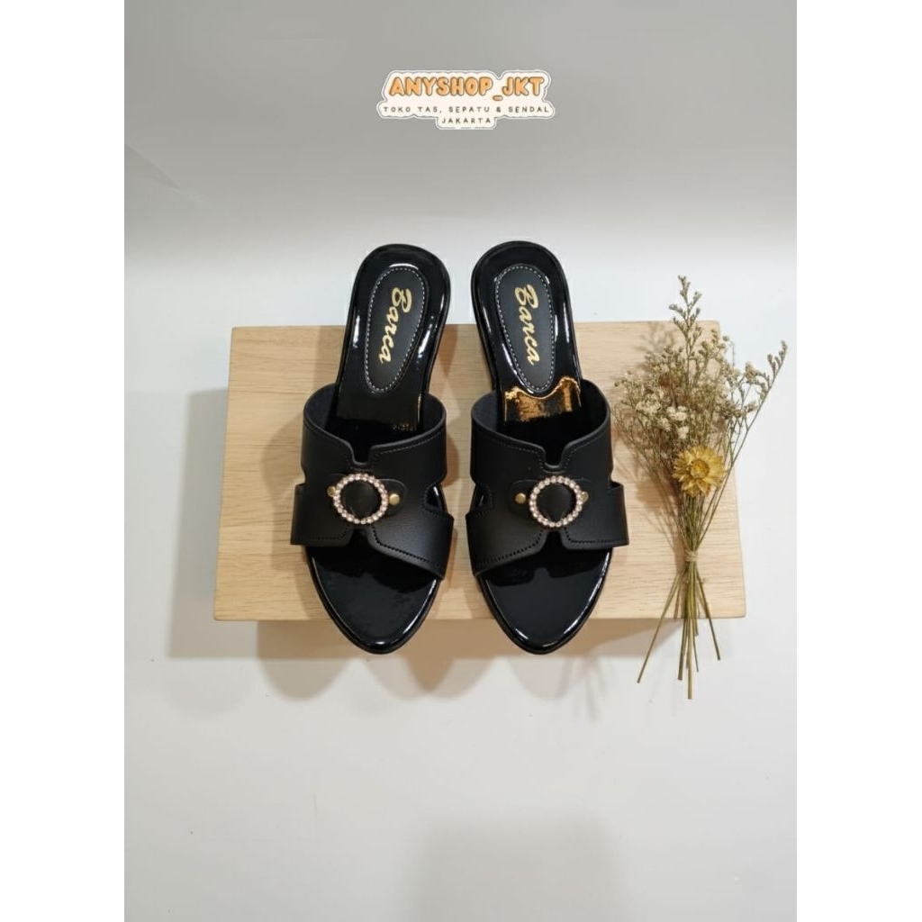 Sandal Wanita Elegan Hitam Mutiara – Barca Slip On Heels Nyaman Anti Slip Ringan