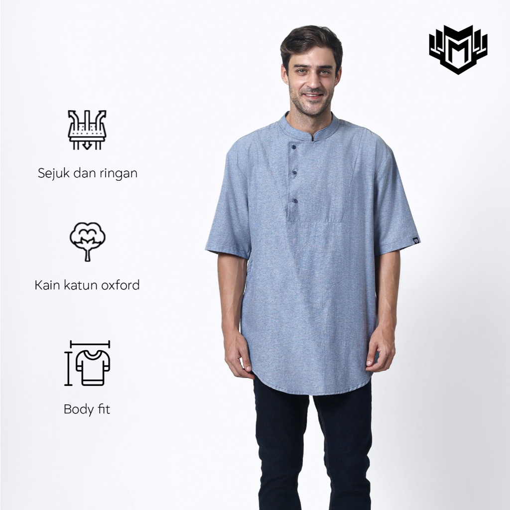 Kemeja Koko Pria MamanSup Lengan pendek Oxford Warna Biru Tua / Koko Kurta Dewasa loose Fit L XL XXL