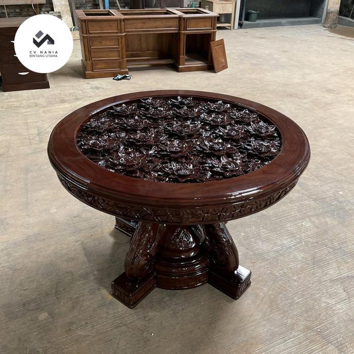 Meja tamu bundar minimalis ukiran jati jepara