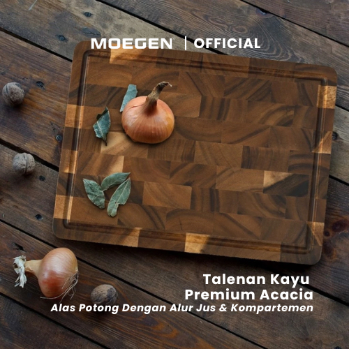 MOEGEN Premium Acacia Cutting Board / Talenan Kayu Dengan Alur Jus dan Kompartemen Alas Potong Tebal
