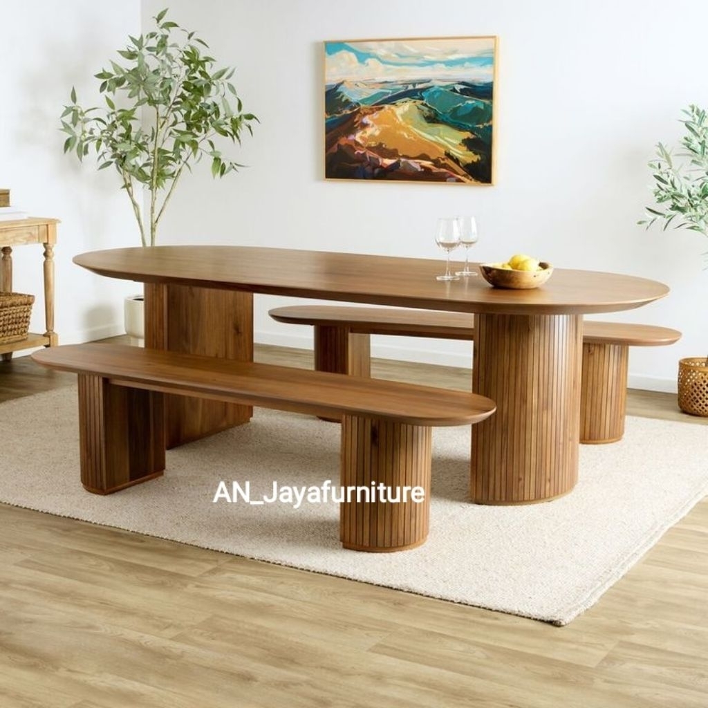 Meja makan set 2 bangku panjang kayu jati Meja makan semi outdoor terbaru