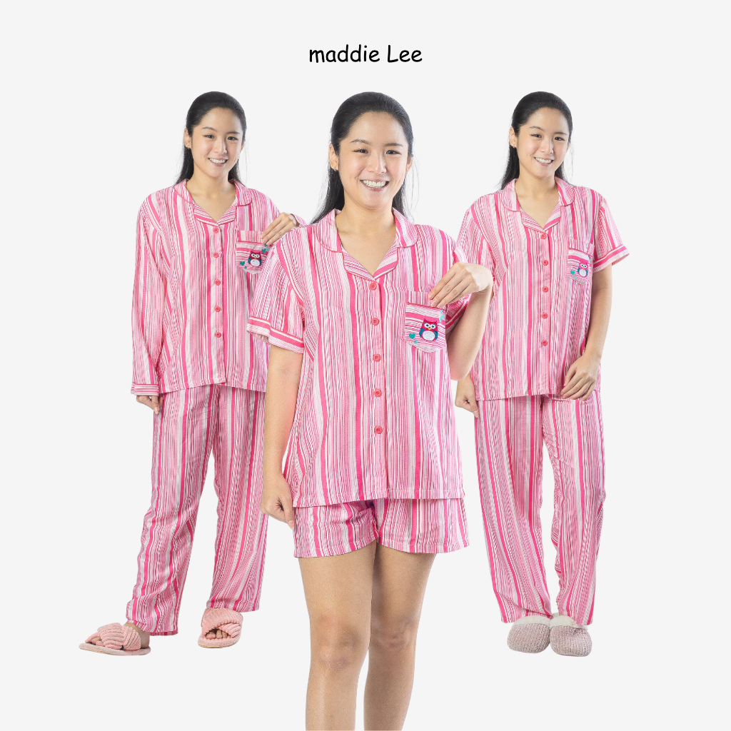 Maddie Lee Piyama Wanita Dewasa Sevin Stripe Bord Lovely Owl