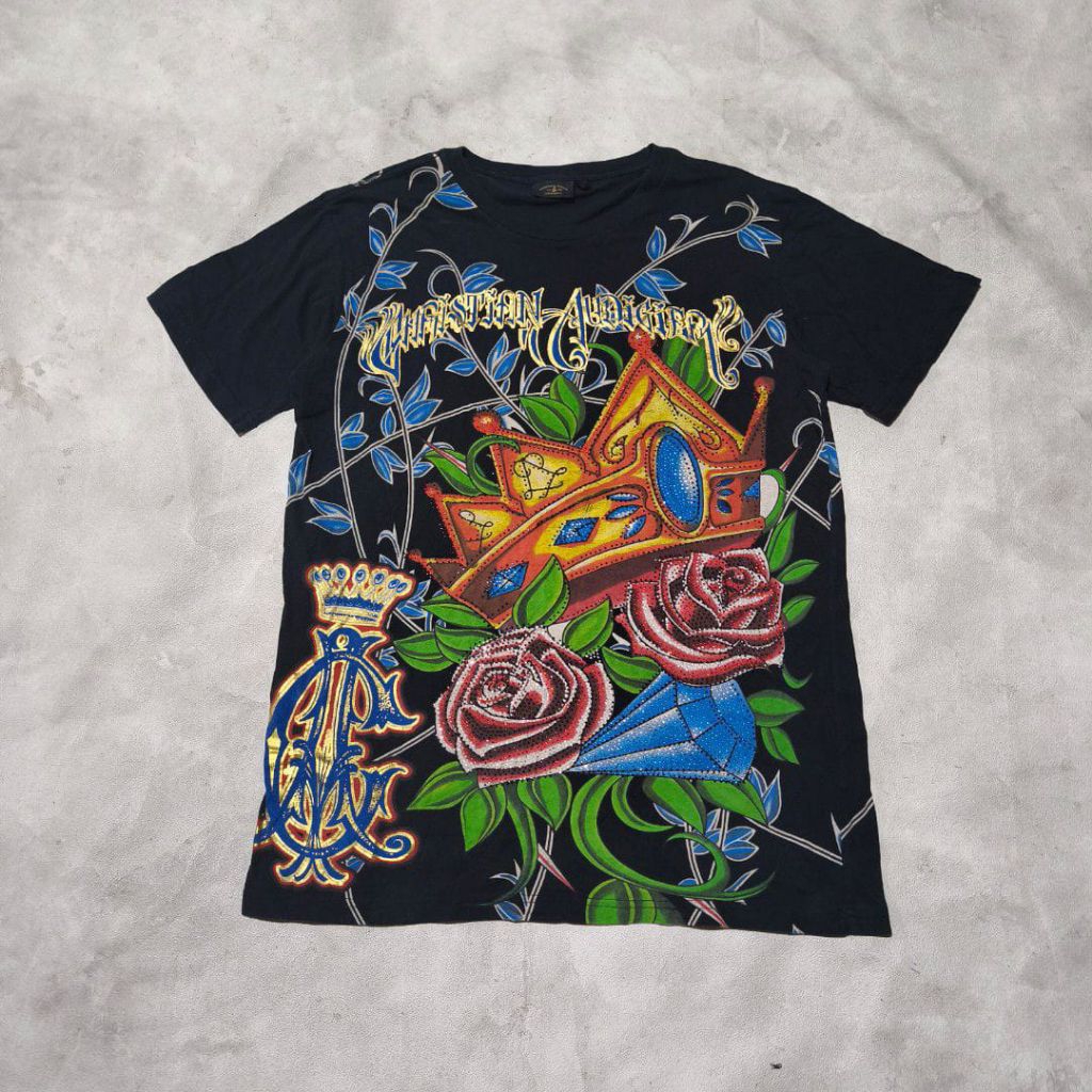 Kaos Y2K Christian Audigier Bedazzled Roses All Over Print T-Shirt PRIA/WANITA