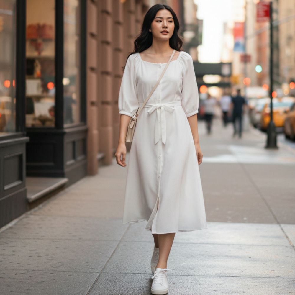 Dress Korean style daster bali dress midi dress andin dress wanita dress polos full kancing depan