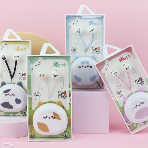 [KIKI-336] Set Headset Earphone Kartun CAT MEOW / Wadah Earphone Karakter KUCING MIAW Lucu