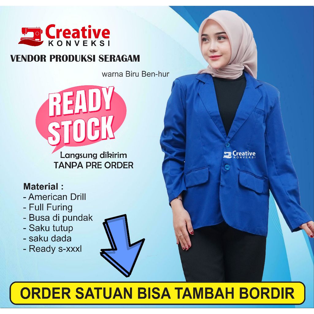 Jas Polos biru benhur/ Pria Blezer Korea Jaket Semijas Seragam Kantor Formal Almamater Wisuda Unisex