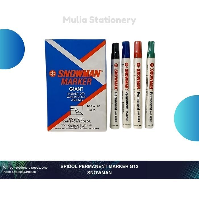 (1 Pak Isi 12 pcs) Spidol Permanen Snowman | Spidol Snowman