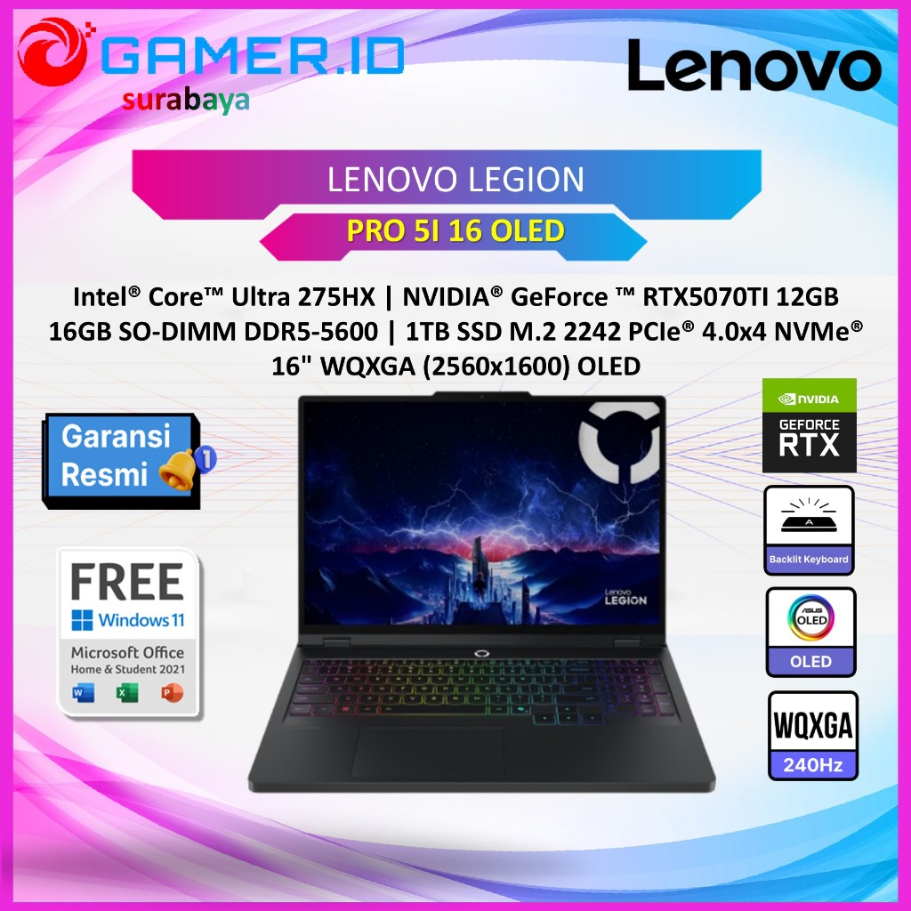 LAPTOP LENOVO LEGION PRO 5I 16 OLED ULTRA 9 275HX RTX5070TI 12GB/ 32GB 1TB 16.0WQXGA 240HZ