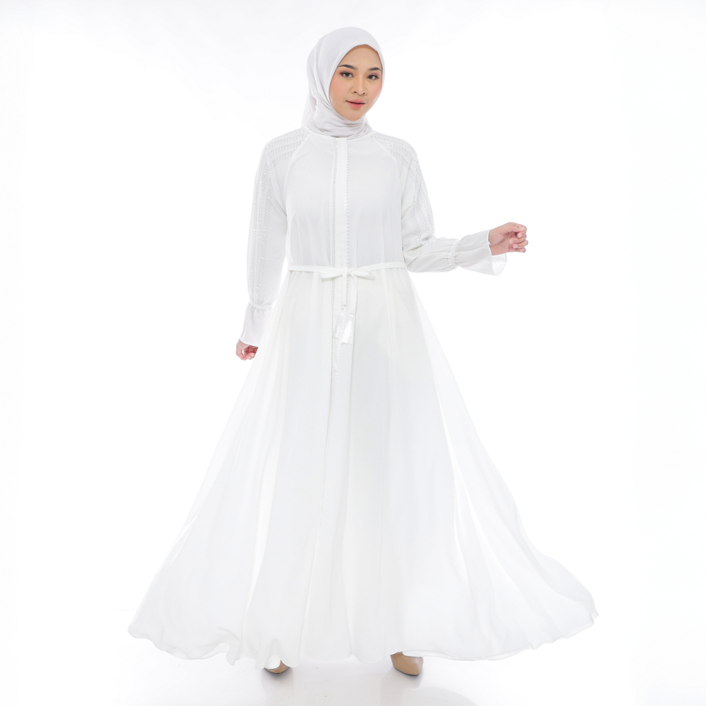 Mesaya - Gamis Abaya Putih BW Elegan Turkey Dress Outer Zipper Gamis Pesta Lebaran Kajian Umroh 511