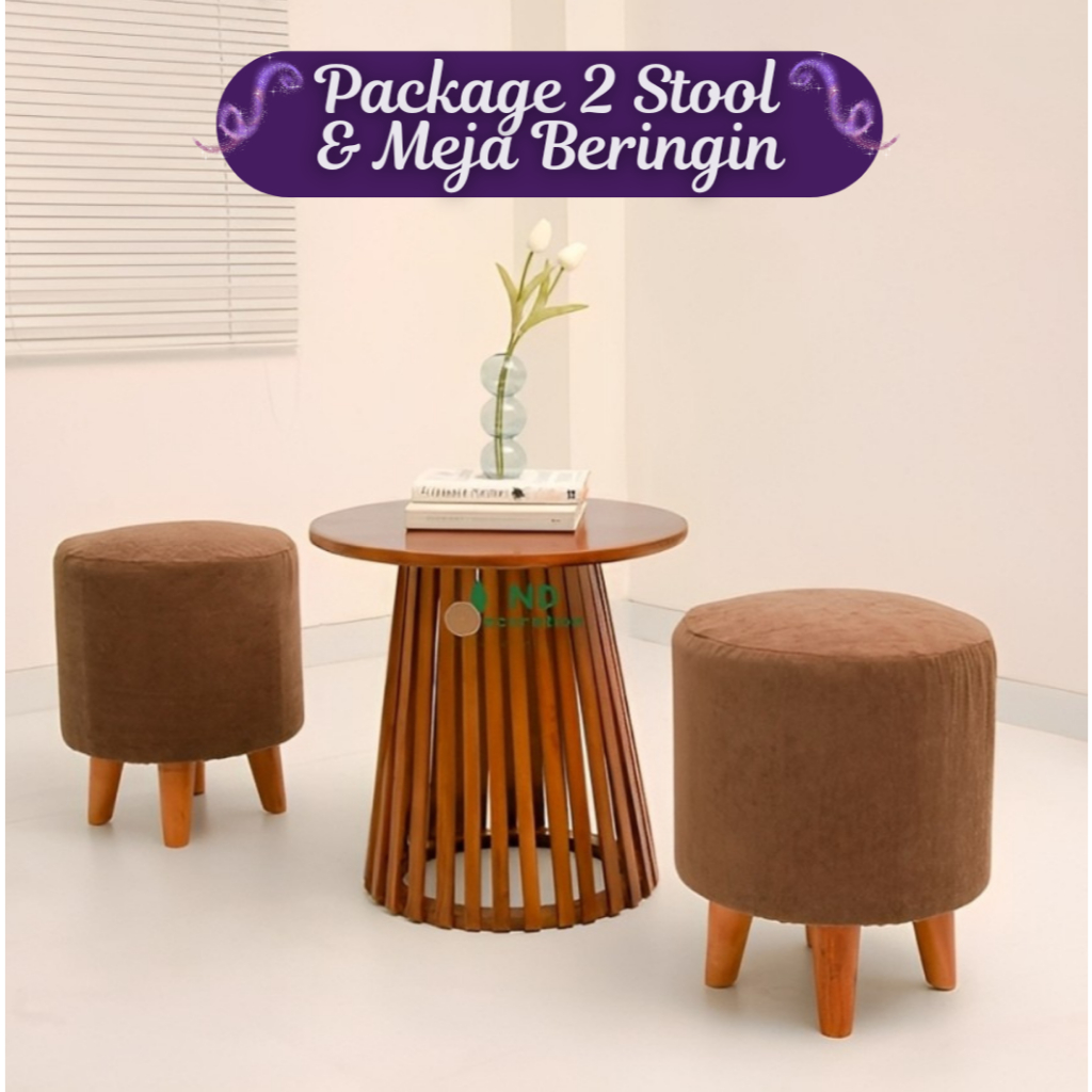 Package 2 Stool & Meja Beringin Minimalis / Set Kursi Puff / Set Kursi Stool / Meja Kopi