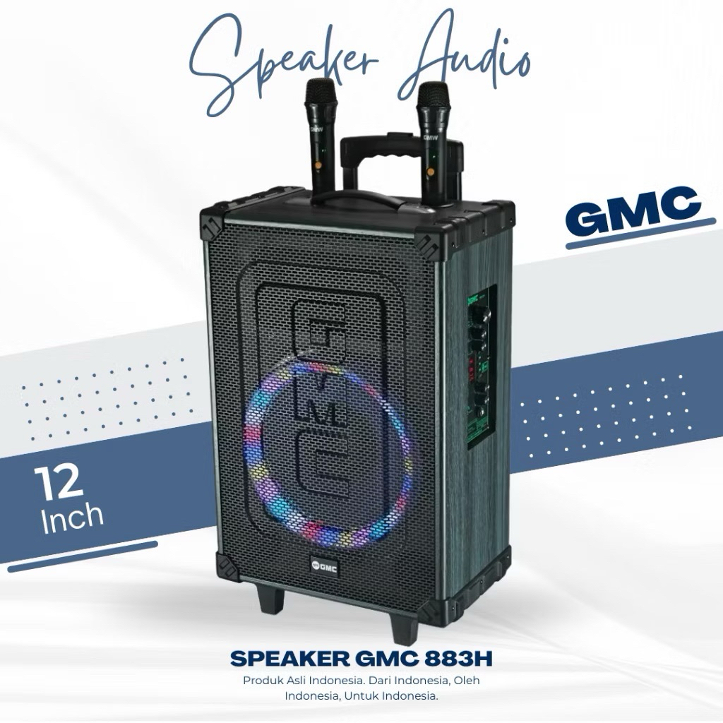 SPEAKER PORTABLE BLUETOOTH GMC 883H 12in 12inch BONUS 2 MIC WIRELESS