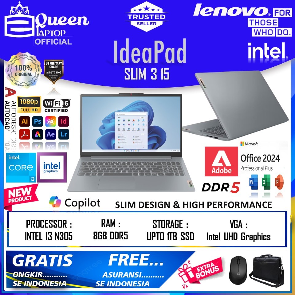 Laptop slim Lenovo Ideapad Slim 3i 15 INTEL I3 N305 8GB DDR5 512GB Windows 11 Termurah