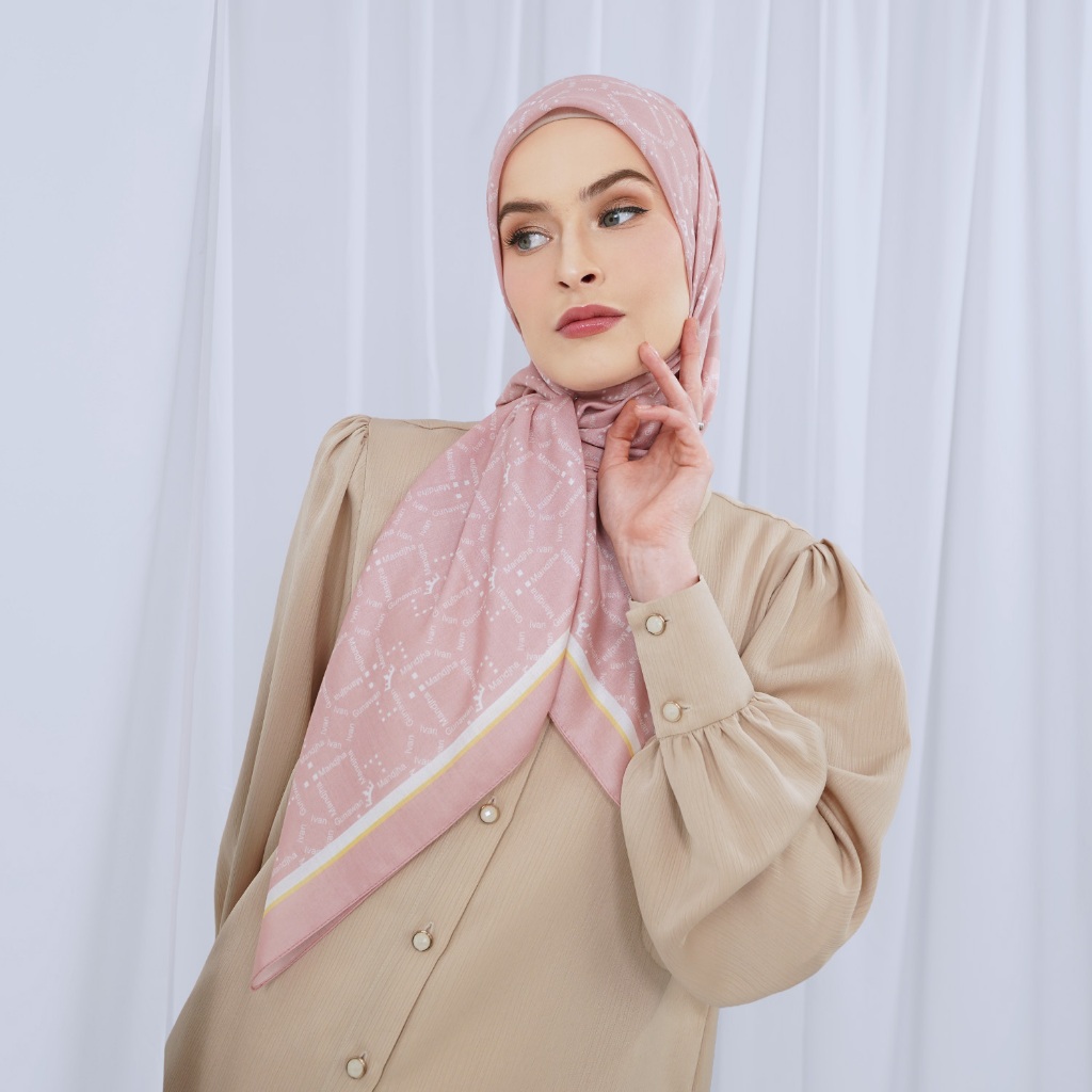 MANDJHA Dixie Pink Scarf - Hijab Jilbab Segi Empat Motif Monogram Merah Muda Soft Pink by IVAN GUNAW