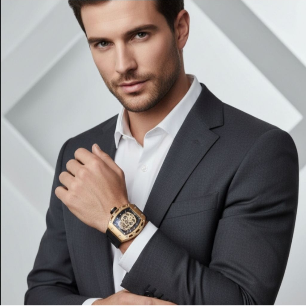 Jam Tangan Pria Sporty Skull Rm 052 Rubber Autometic Eta Premium AAA